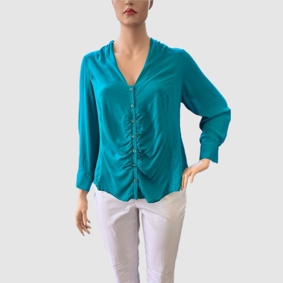 Igigi Tierney Blouse Plus Size 20 Jade Green Cuffs Sleeves Button-Up Ruching NEW - Picture 8 of 11